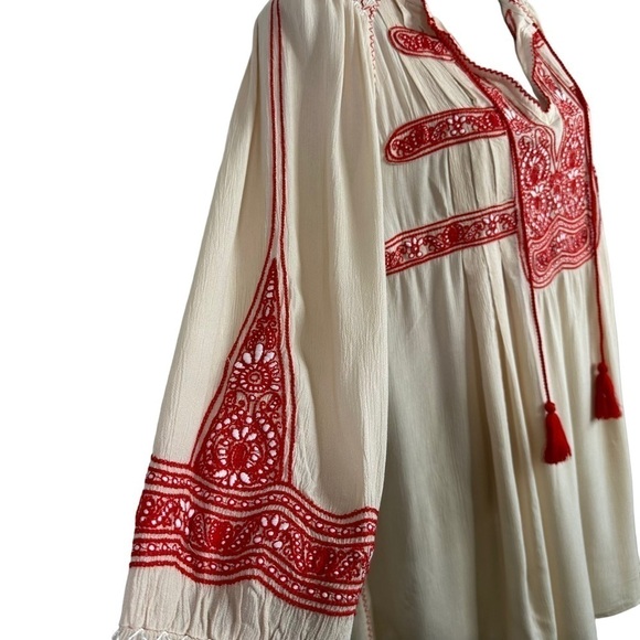 Free People Womens Wind Willow Embroidered Mini Dress Sz Small Cream Red Boho - Picture 6 of 11